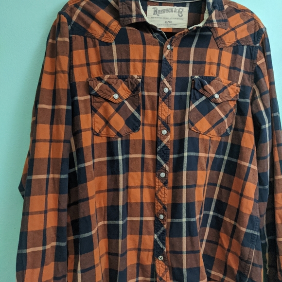 Roebuck and Co Flannel Orange and Black Pearl Button Down Shirt Large - Picture 2 of 6